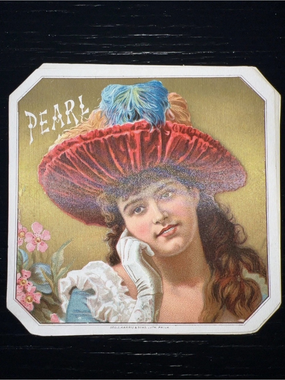 Beautiful 1890s Pearl Brand Cigar Label Woman with Red Hat
